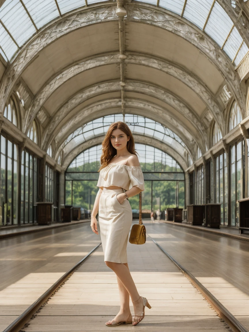 her name is Elle, high quality, 1girl, ((20-year-old fit Caucasian woman)), ((20 years old)), ((fit)), ((pale skin)), ((medium round breasts)) ,Beachy Waves auburn hair , wearing Off-Shoulder Satin Blouse+ High-Waisted Pencil Skirt, pose: standing, background: The former railway station that is now the Musée d'Orsay houses stunning works of Impressionist art. You stand before Monet’s "Water Lilies," captivated by the play of light and color. The open space, filled with the sound of soft footsteps and whispers, along with the scent of polished wood and faint traces of paint, creates a serene and inspiring environment.