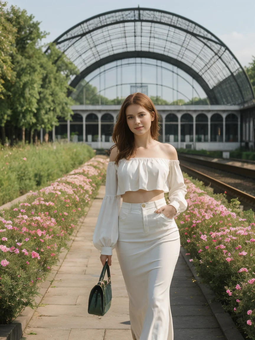 her name is Elle, high quality, 1girl, ((20-year-old fit Caucasian woman)), ((20 years old)), ((fit)), ((pale skin)), ((medium round breasts)) ,Beachy Waves auburn hair , wearing Off-Shoulder Satin Blouse+ High-Waisted Pencil Skirt, pose: standing, background: The former railway station that is now the Musée d'Orsay houses stunning works of Impressionist art. You stand before Monet’s "Water Lilies," captivated by the play of light and color. The open space, filled with the sound of soft footsteps and whispers, along with the scent of polished wood and faint traces of paint, creates a serene and inspiring environment.