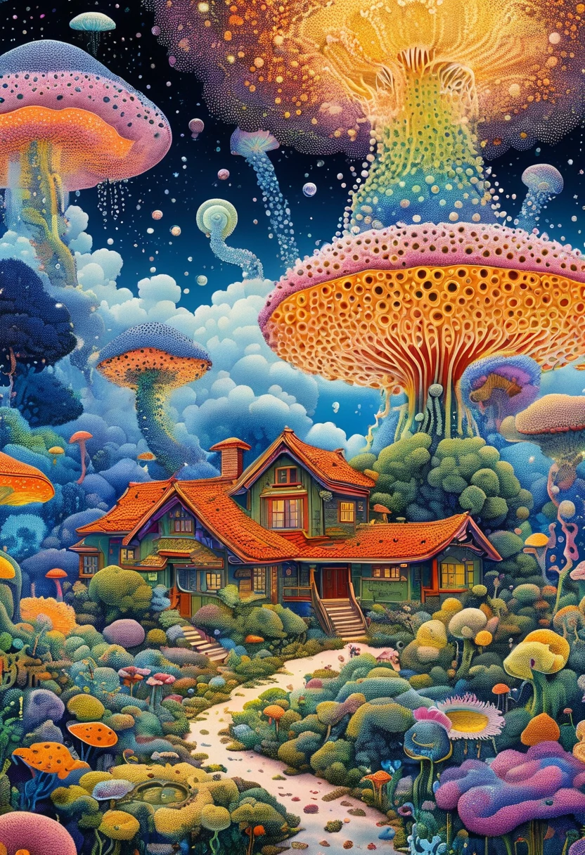 Strong visual fusion of multiple elements,Broto,来自Star的艺术家,house:1.37、Eye、Star、cloud、Spore powder、Tentacles,Describing the inner world of autistic people,密集Pointillism method。Smooth lines。Strange illustration。Pointillism method。Trypophobia。Strong contrast。Award-winning works。