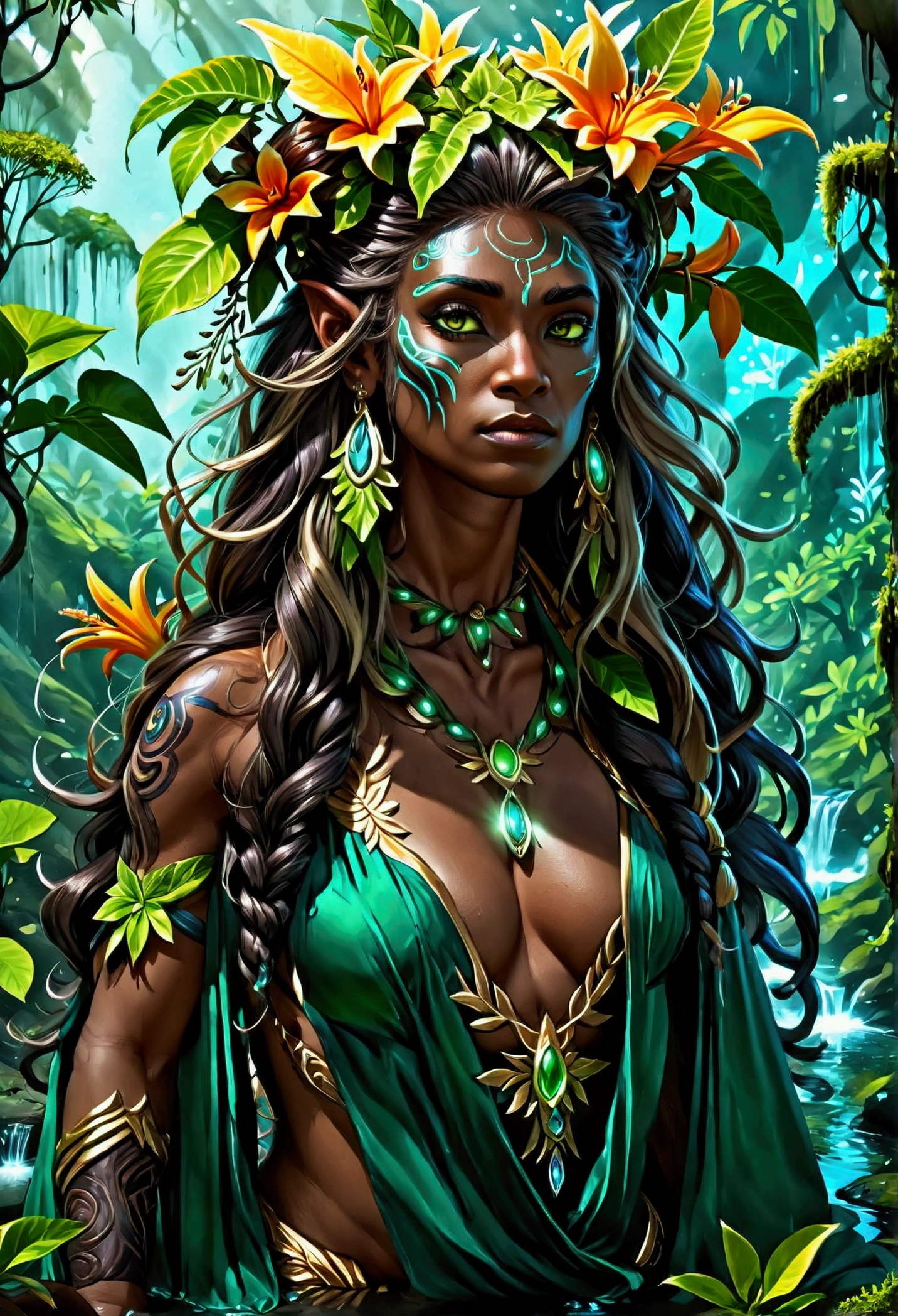  a picture of a druid in her jungle cove, an exotic, most beautiful human druid, priest of nature, warden of the wild of the jungle, full body, ((anatomically correct: 1.5)) long hair, wild hair, dynamic hair color, flowers and leaves in her hair, wearing a ((green robe: 1.3)), intricate robe, with flowers on it,  small cleavage, high boots, eyes glowing with magic, she protects her jungle grove, many old (cacao trees: 1.3), orchids trees, heliconia flowers, some wild life, a (stream of water: 1.3), fantasy art, vibrant, Ultra-high resolution, High Contrast, (masterpiece:1.5), highest quality, Best aesthetics), best details, best quality, highres, ultra wide angle, 16k, [ultra detailed], masterpiece, best quality, (extremely detailed) RAW, GlowingRunes_green