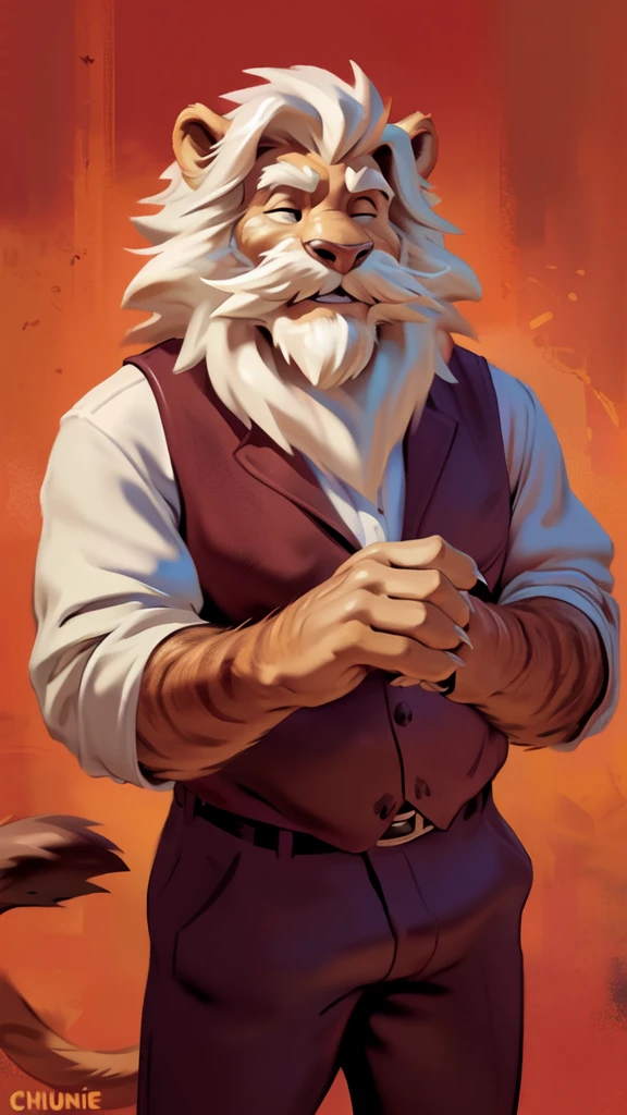 by chunie by catsudon by retros, male,ridiculuous,((mature,mature male)),((Bearded,mustache)), felid, solo, Lion,(white hair), facial hair, facing viewer, (((closed eyes))), ((smilling)), feline claws, ((5 fingers)), red and orange spiral background, white shirt, smile, ((((wise)))), palm forward,
