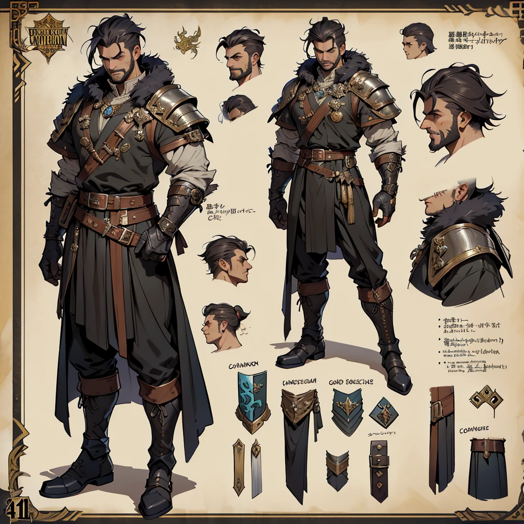 Close-up of a man in a Barbarian costume, ((character concept art)), ((Character design sheet, same character, on front, from on the side, At the back)) Character image, Medieval game character design, Medieval game character design, hair color: Black with gold parting, Age: Old, eyecolor: Black, He wears gloves on his hands, Wears boots. During the use of certain abilities, A helmet is formed on the head of a dragon. He has a code name around his neck, expert high detail concept art, Concept art of a metal bullet, Fun character design. ConceptArt, belt buckle at the waist,Medieval style weapons,