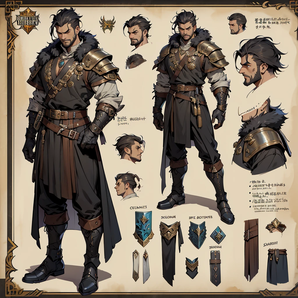 Close-up of a man in a Barbarian costume, ((character concept art)), ((Character design sheet, same character, on front, from on the side, At the back)) Character image, Medieval game character design, Medieval game character design, hair color: Black with gold parting, Age: Old, eyecolor: Black, He wears gloves on his hands, Wears boots. During the use of certain abilities, A helmet is formed on the head of a dragon. He has a code name around his neck, expert high detail concept art, Concept art of a metal bullet, Fun character design. ConceptArt, belt buckle at the waist,Medieval style weapons,