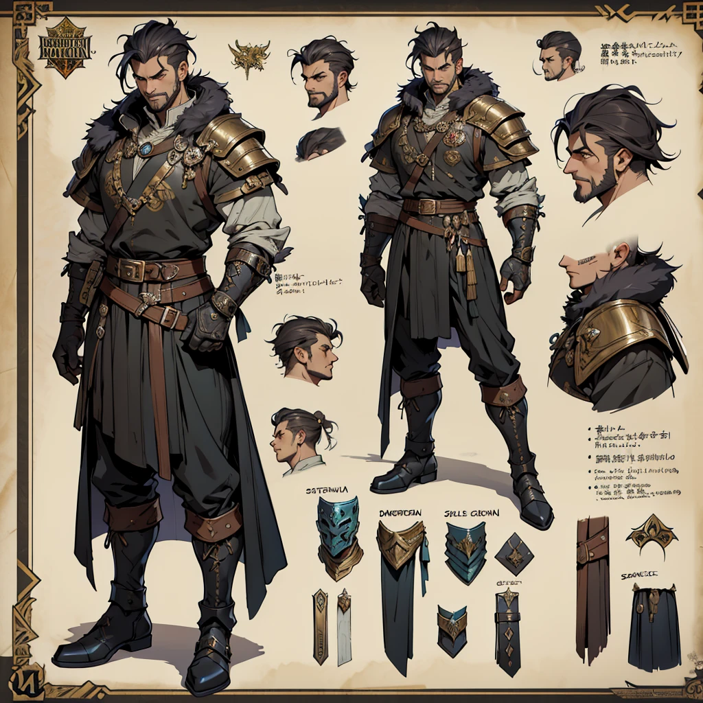 Close-up of a man in a Barbarian costume, ((character concept art)), ((Character design sheet, same character, on front, from on the side, At the back)) Character image, Medieval game character design, Medieval game character design, hair color: Black with gold parting, Age: Old, eyecolor: Black, He wears gloves on his hands, Wears boots. During the use of certain abilities, A helmet is formed on the head of a dragon. He has a code name around his neck, expert high detail concept art, Concept art of a metal bullet, Fun character design. ConceptArt, belt buckle at the waist,Medieval style weapons,
