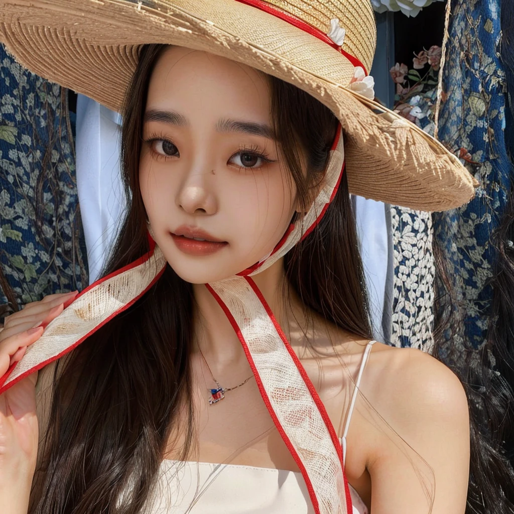 araffe woman wearing a straw hat with a red ribbon around her neck, with hat de palha, dilraba dilmurat, linda mulher sul-KOREAN, with hat, Linda jovem KOREAN,  KOREAN, wearing straw hat, Linda jovem KOREAN, wearing a choker and a cute hat, heonhwa choe, ulzzang, lalisa manobal