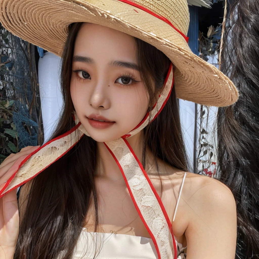 araffe woman wearing a straw hat with a red ribbon around her neck, with hat de palha, dilraba dilmurat, linda mulher sul-KOREAN, with hat, Linda jovem KOREAN,  KOREAN, wearing straw hat, Linda jovem KOREAN, wearing a choker and a cute hat, heonhwa choe, ulzzang, lalisa manobal