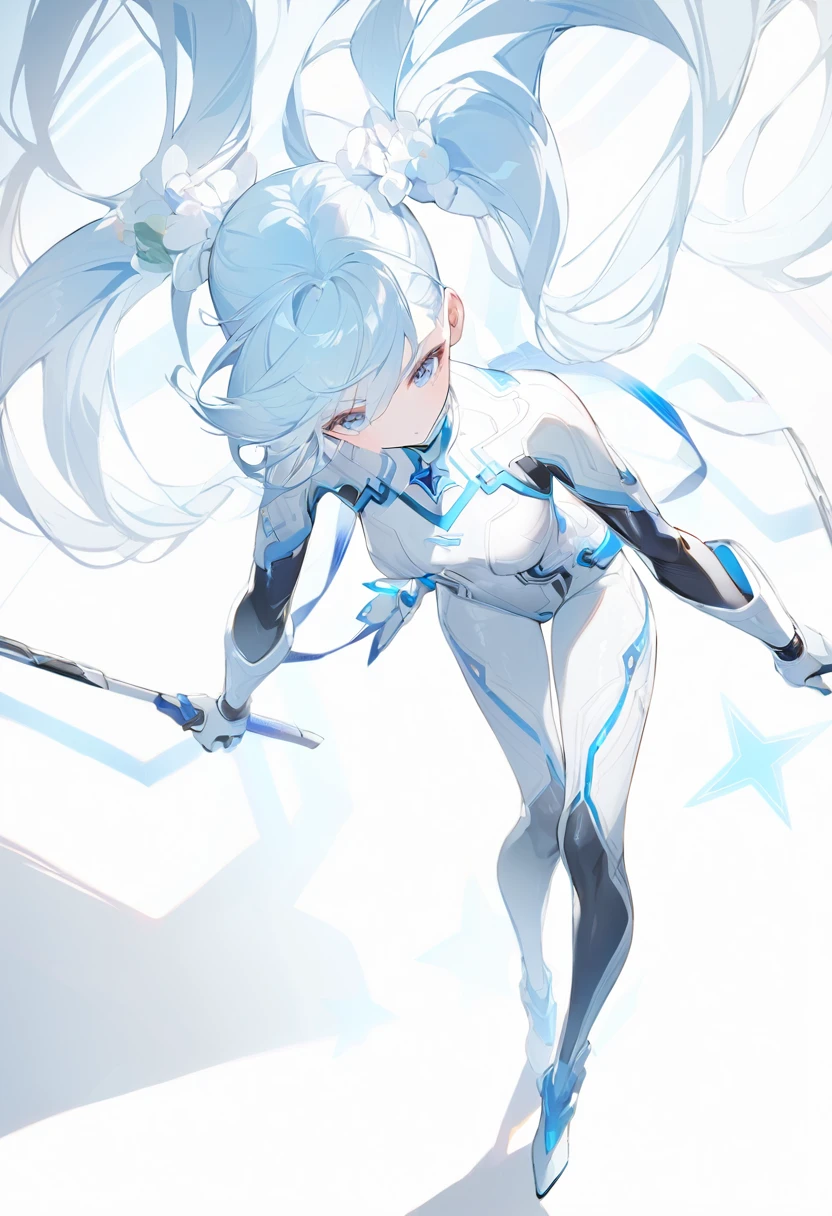 Blue Star,Twin tails,Top view,Standing on a white floor,Blue light pattern,Bodysuits,胸元が開いて肌が露出したBodysuits