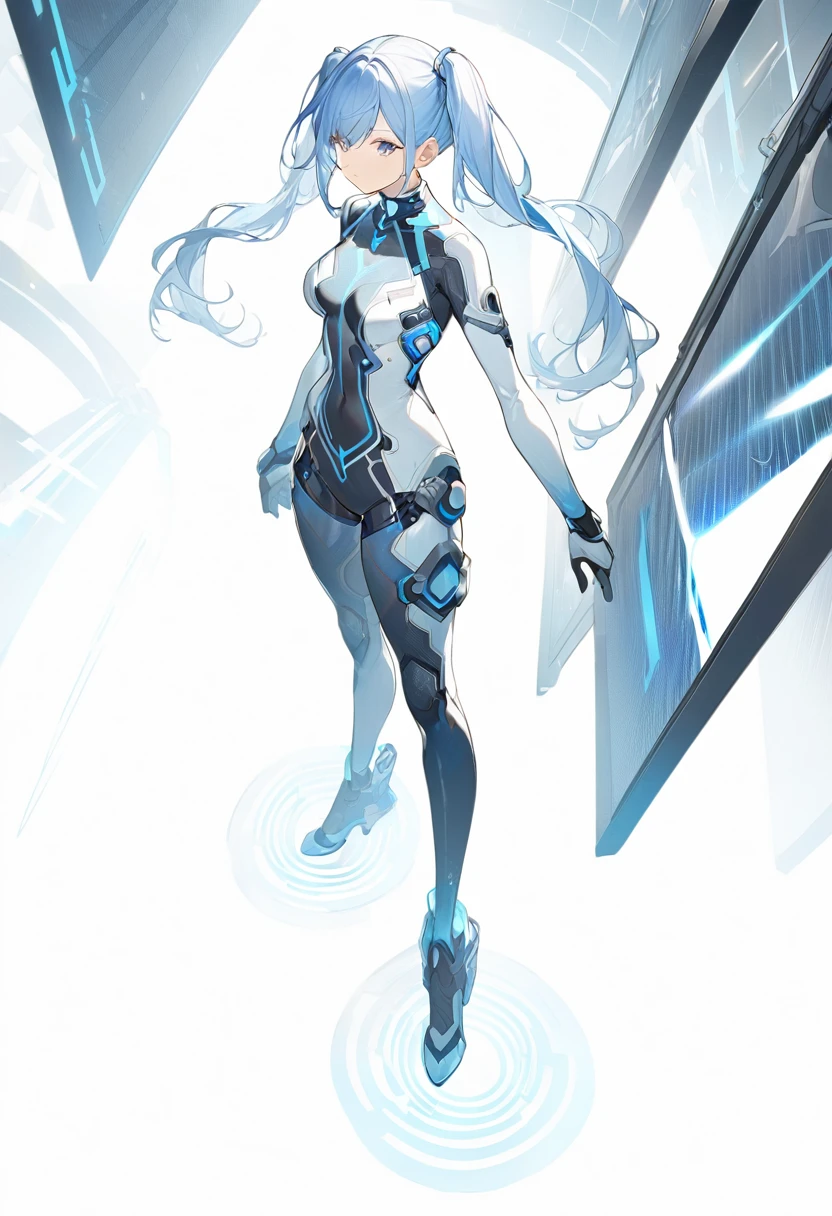 ((Biologically correct limb count))、(( Full-body photo including face))、4K、((Standing position))、masterpiece、((Focus on the face))、((Symmetrical facial features))、, (Natural skin texture, Detailed skin, detailed eyes、 Hyperrealism, Sharpness),A sophisticated humanoid AI character with a sharp, intelligent expression. The character is dressed in a classic blue or gray suit with a modern, cyberpunk twist, featuring glossy materials and small digital display details. The character has platinum blonde or silver hair, neatly styled, and bright blue or green eyes with digital patterns inside. The character wears small earphones and glasses, and has a holographic display on their back showing data. The background is a futuristic digital library filled with books and data screens. The character is in a thoughtful pose, either holding a book or analyzing data on a display.