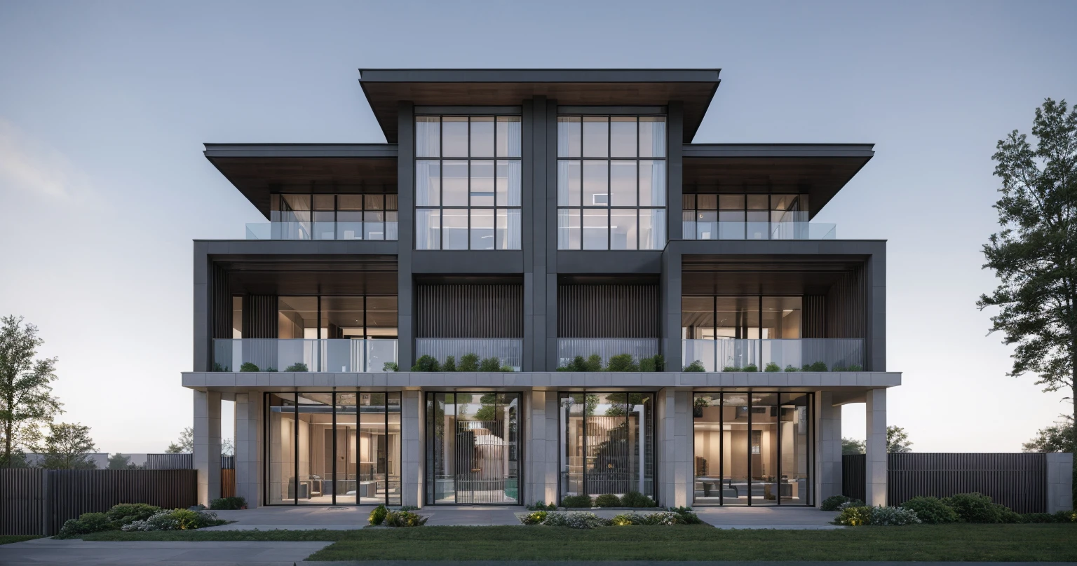 RAW photo, Exterior of two story white modern house, (road:1.3), (sidewalk:1.3), (sidewalk trees:1.3), (residences area:1.4), dawn time, overcast, fog, tropical trees and plants, (high detailed:1.2), 8k uhd, dslr, soft lighting, high quality, film grain, Fujifilm XT3, (sharpen:1.5)