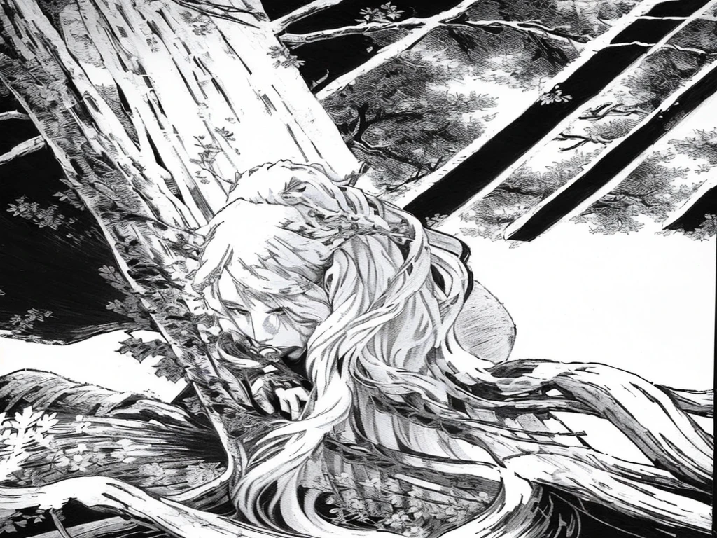 a drawing of a woman with long hair standing next to a tree, white haired deity, the piercing stare of yuki onna, sakura petals around her, black and white manga page, manga scans, flowing hair and long robes, black and white manga panel, fox nobushi holding a naginata, ginko showing a new mushi, large view