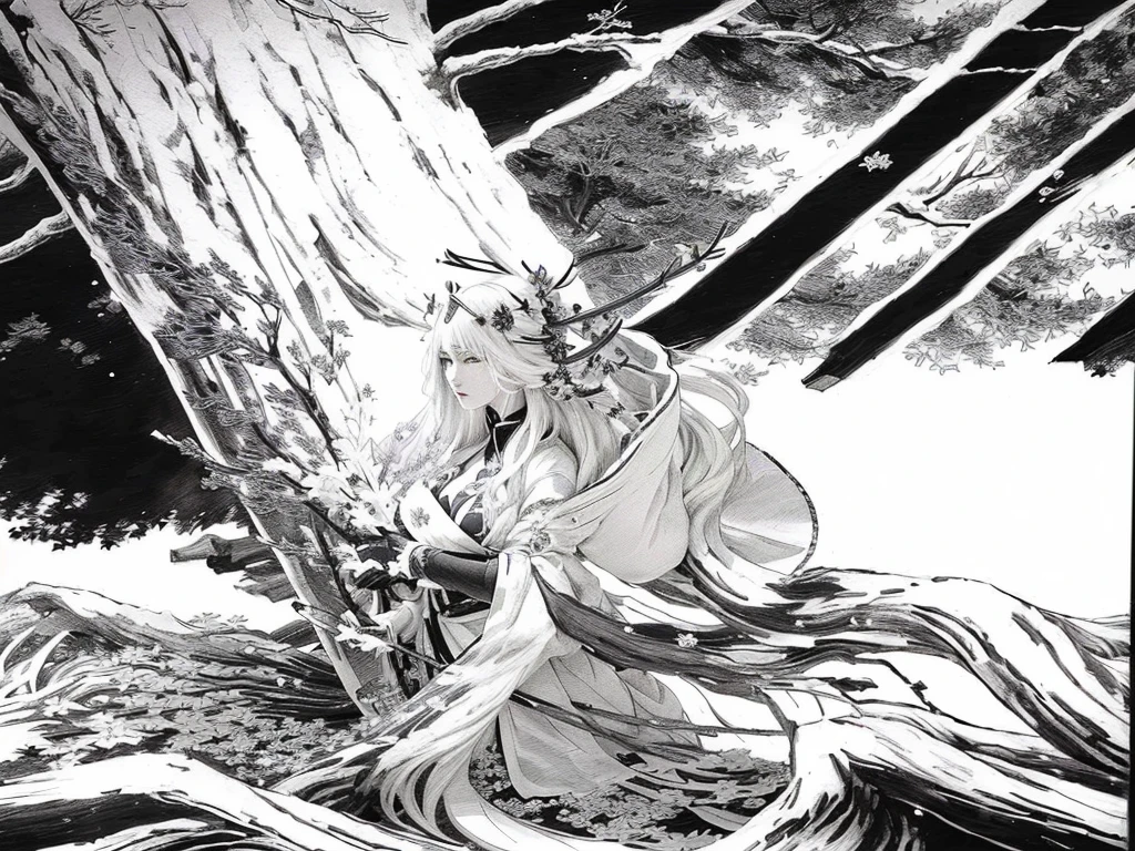 a drawing of a woman with long hair standing next to a tree, white haired deity, the piercing stare of yuki onna, sakura petals around her, black and white manga page, manga scans, flowing hair and long robes, black and white manga panel, fox nobushi holding a naginata, ginko showing a new mushi, large view