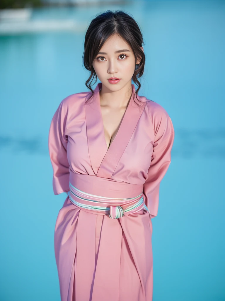 ((arms are behind back))、(Shooting from above)、(8k、RAW Photosgraphy、Highest quality、masterpiece:1.2)、(Realistic、Realistic:1.37)、Ultra-high resolution、One Girl、cute、Beautiful Eyes、Cleavage、Perfect body、Perfect Fingers、Professional Lighting、Japanese Goddess、gravure、Detailed face and skin texture、fine grain、RAW Photos、 Are standing、(((Wearing a pink Japanese yukata)))、 ((Best Quality, 8k, masterpiece :1.3)), Full body、beautiful girl with perfect figure :1.4, Slender Abs :1.1, ((Huge breasts :1.0)),Ultra-detailed face and skin