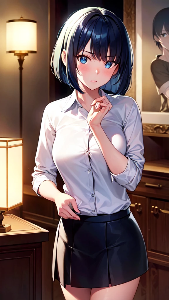 Ultra-high resolution、Ultra HD、8k,Realistic、tomboy、Boyish Girl、Big Breasts、tsurime,White blouse、White dress shirt、Large Breasts、blue-hair、very-short-hair,green-eyes,Black mini skirt、black-pantyhose,angry、White shirt with collar、Ear Piercing、smoking-a-cigarette、Put a cigarette in your mouth、smoking、blue-hair,smoking