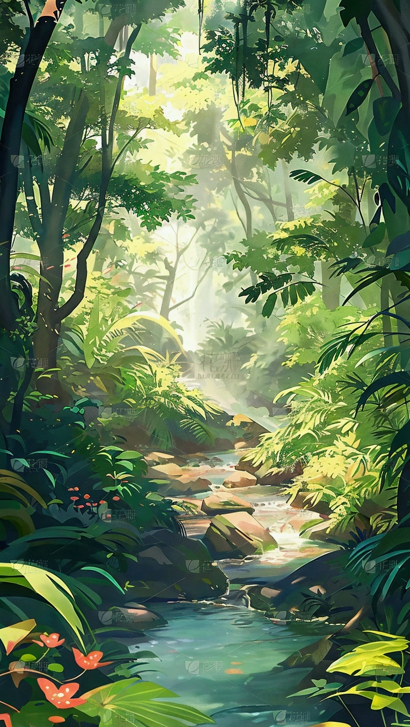 There is a painting,The painting shows a stream in the jungle, jungle landscape, the background is lush jungle, beautiful jungle landscape, . background: jungle river, beautiful jungle, jungle as the background, in a highly detailed jungle, Mysterious jungle, the jungle at the background, Dense jungle, Jungle environment, wet lush jungle landscape, background jungle, jungle background, jungle nature