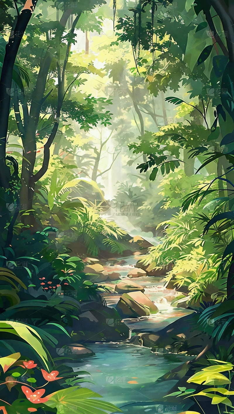 There is a painting，The painting shows a stream in the jungle, jungle landscape, the background is lush jungle, beautiful jungle landscape, . background: jungle river, beautiful jungle, jungle as the background, in a highly detailed jungle, Mysterious jungle, the jungle at the background, Dense jungle, Jungle environment, wet lush jungle landscape, background jungle, jungle background, jungle nature