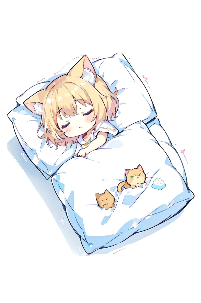 Short Hair、A cartoon of a cat sleeping on a pillow and another cat sleeping on it, there is nothingmimi, Cat girl, Beasts, There is a cat next to her, Cat girl, cute anime Cat girl, Ah ah, there is nothing, anime Cat girl, Anime Cat, dlc, Pink nightcap、Blonde Hair、Sleeping on a futon、cute、Chibi Character