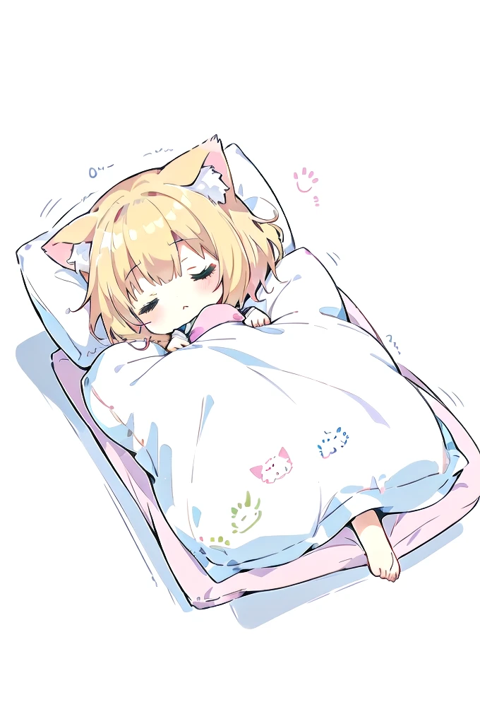Short Hair、A cartoon of a cat sleeping on a pillow and another cat sleeping on it, there is nothingmimi, Cat girl, Beasts, There is a cat next to her, Cat girl, cute anime Cat girl, Ah ah, there is nothing, anime Cat girl, Anime Cat, dlc, Pink nightcap、Blonde Hair、Sleeping on a futon、cute、Chibi Character