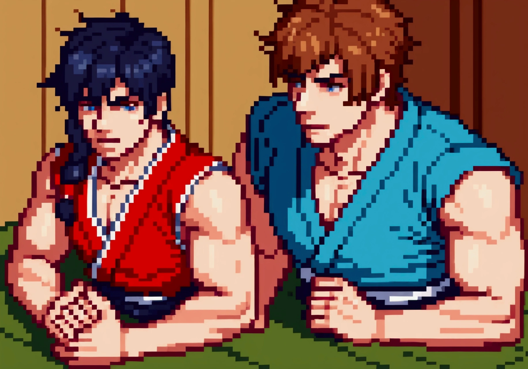 A detailed portrait of Ryu and Ken playing a video game, sitting on the floor of a martial arts dojo, realistic, photorealistic, ultra-detailed, 8k, beautiful detailed eyes, beautiful detailed lips, extremely detailed eyes and face, long eyelashes, dynamic action poses, intense concentration on their faces, wood floor, tatami mats, dojo walls, natural lighting, warm color tones, masterpiece