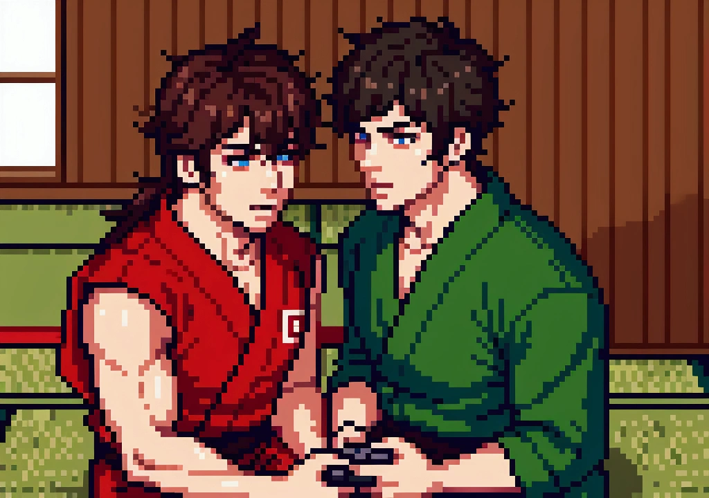 A detailed portrait of Ryu and Ken playing a video game, sitting on the floor of a martial arts dojo, realistic, photorealistic, ultra-detailed, 8k, beautiful detailed eyes, beautiful detailed lips, extremely detailed eyes and face, long eyelashes, dynamic action poses, intense concentration on their faces, wood floor, tatami mats, dojo walls, natural lighting, warm color tones, masterpiece