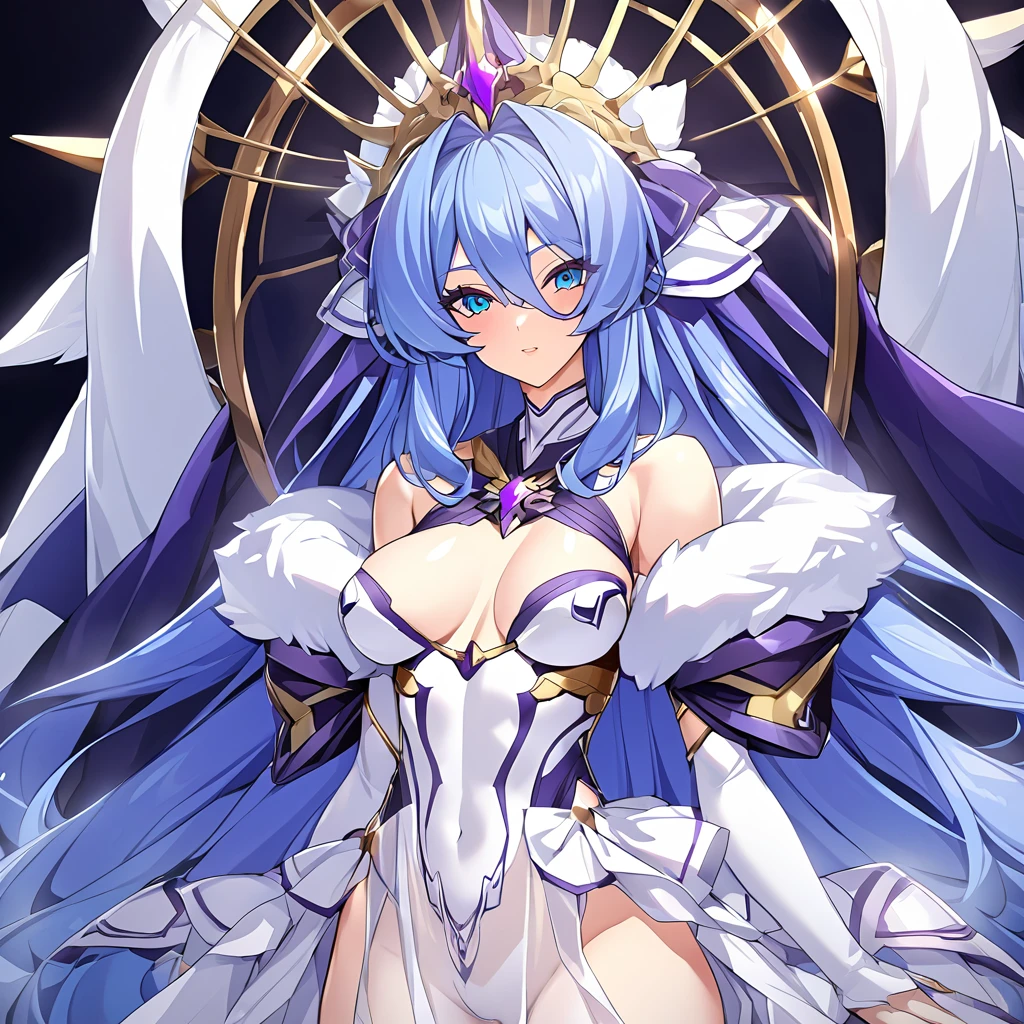 ((Highest quality)), ((masterpiece)), (detailed), (Perfect Face)、The woman is wearing a pure white see-through Doric chiton with gold embroidery and trim, and her naked body is visible through it. All of her clothes are pure white and see-through, making her the figure of a beautiful goddess.、Women are gods who became part of the Greek goddesses々The wife of Zeus, the king of the gods, the goddess Hera Extella、The woman is the beautiful, sacred queen of the one and only god, Zeus, the goddess Hera Axtia. She has medium-long blue hair, an engagement ring, a see-through cape, and gorgeous accessories. She is an elegant goddess and a beautiful queen of the gods.