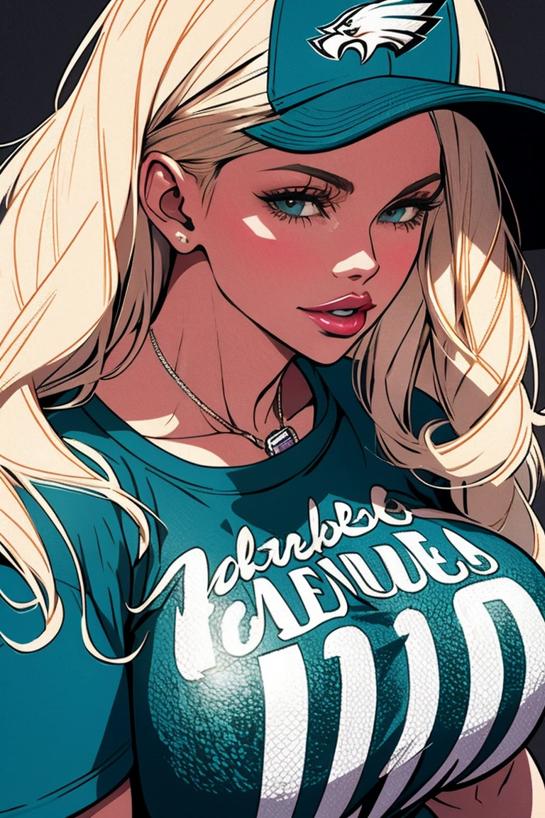 Pamela Anderson huge breasts blonde hair attractive face parted lips thick lips wearing Philadelphia eagles shirt, (((druuna style))) gigantic