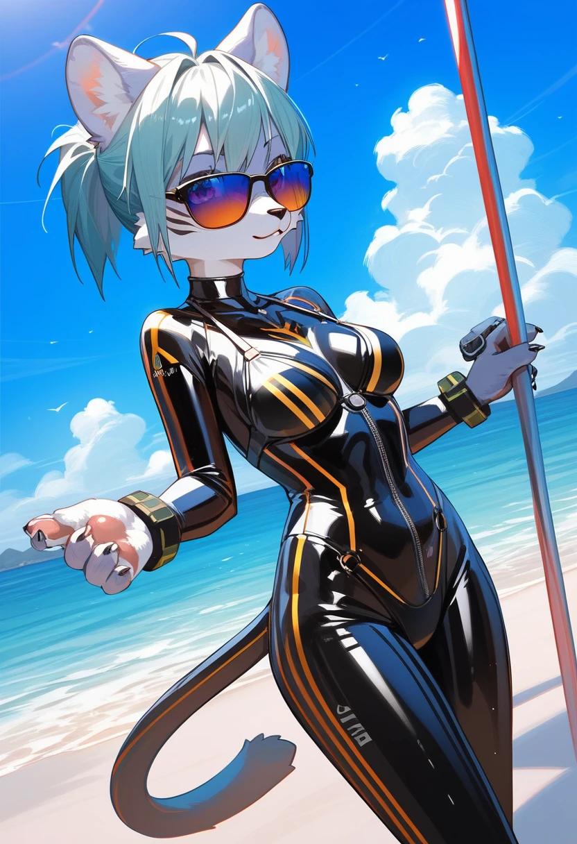 Highest quality, Highest quality, High quality illustrations, masterpiece, Ultra-high resolution, Detailed Background, beach, Absurd, Perfect Anatomy, performance, Good lighting, Shadows in the movies(kemono, Furry Personifi猫ion), Saber Tiger, Rubber Suit, latex, neon, neonライト, neonカラー, Bodysuits, Cyber Suit, cyber punk, Swimwear, bikini, sunglasses, Tattoo, Dynamic Angle