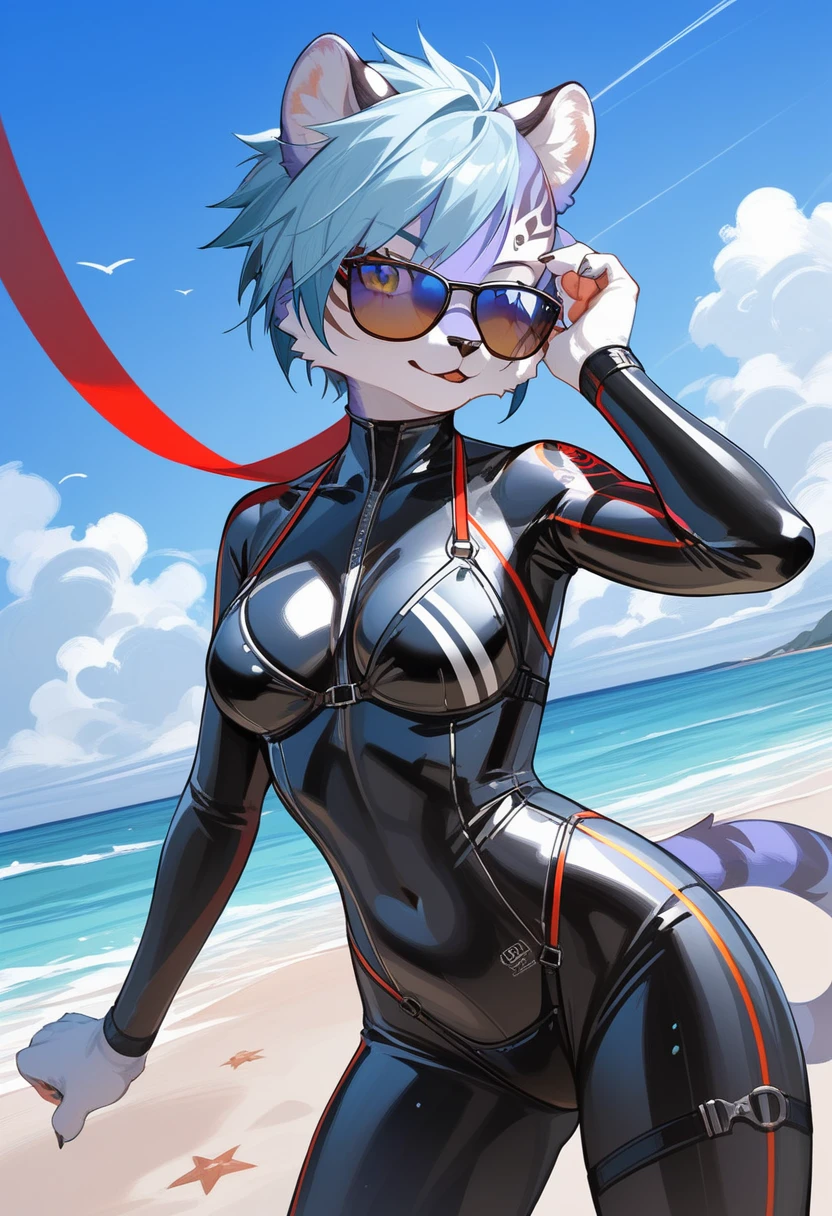 Highest quality, Highest quality, High quality illustrations, masterpiece, Ultra-high resolution, Detailed Background, beach, Absurd, Perfect ???????, performance, Good lighting, Shadows in the movies(kemono, Furry Personifi猫ion), Saber Tiger, Rubber Suit, latex, neon, neonライト, neonカラー, Bodysuits, Cyber Suit, cyber punk, Swimwear, bikini, sunglasses, Tattoo, Dynamic Angle