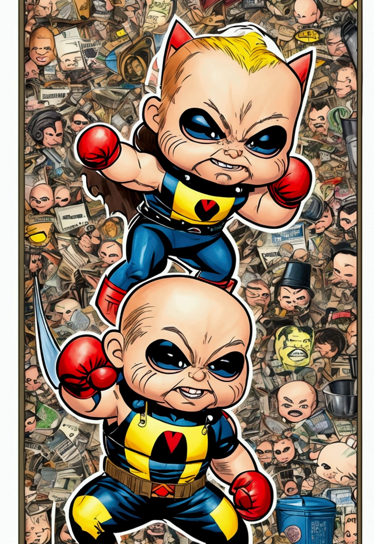 X-men Wolverine , bat in left hand, ((garbage pail kids style)), in a boxing ring, cartoon, high quality, watercolor, detailed full body