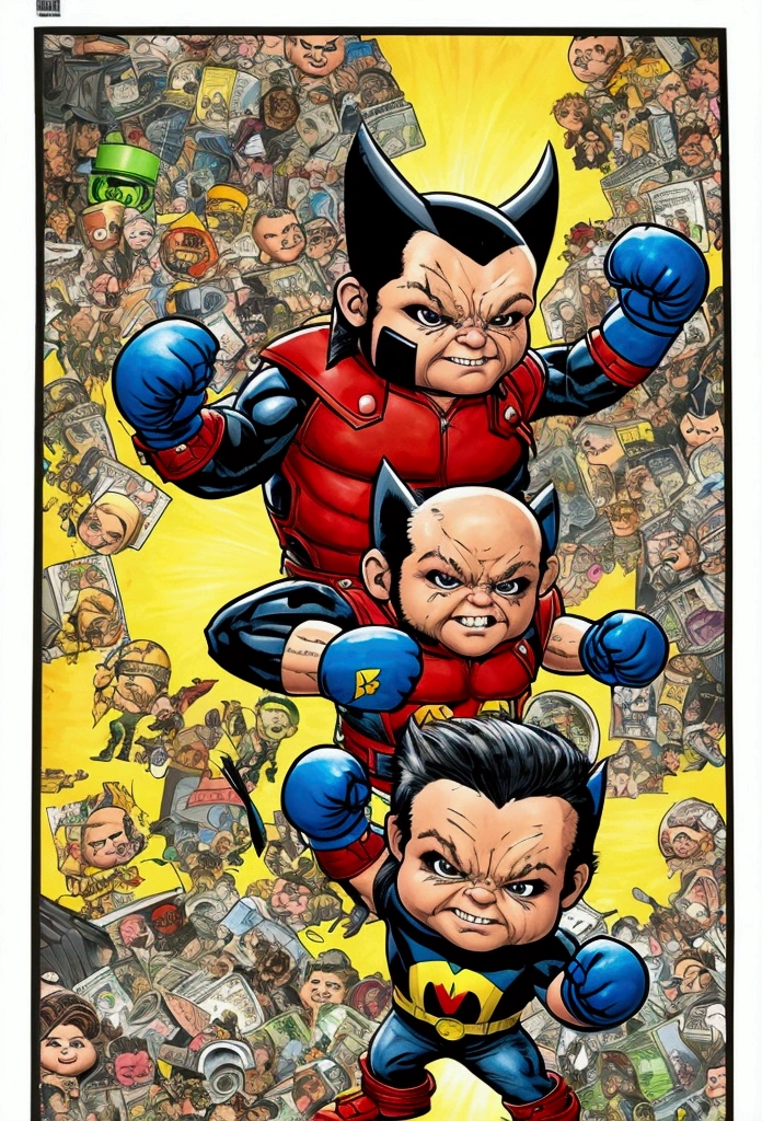 X-men Wolverine , bat in left hand, ((garbage pail kids style)), in a boxing ring, cartoon, high quality, watercolor, detailed full body