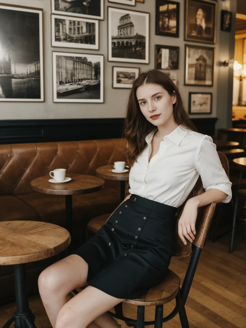 her name is Elle, high quality, 1girl, ((20-year-old fit Caucasian woman)), ((20 years old)), ((medium_breasts)), ((thin belly,fit)), ((pale skin)), medium length straight auburn hair , wearingRuched Front Satin Blouse + High-Waisted Asymmetrical Skirt, pose: sitting on a chair, background: Describe the cozy interior of a Parisian café, with its small round tables topped with checkered tablecloths, wrought iron chairs, vintage posters adorning the walls, and the aroma of freshly brewed coffee mingling with the scent of freshly baked croissants.