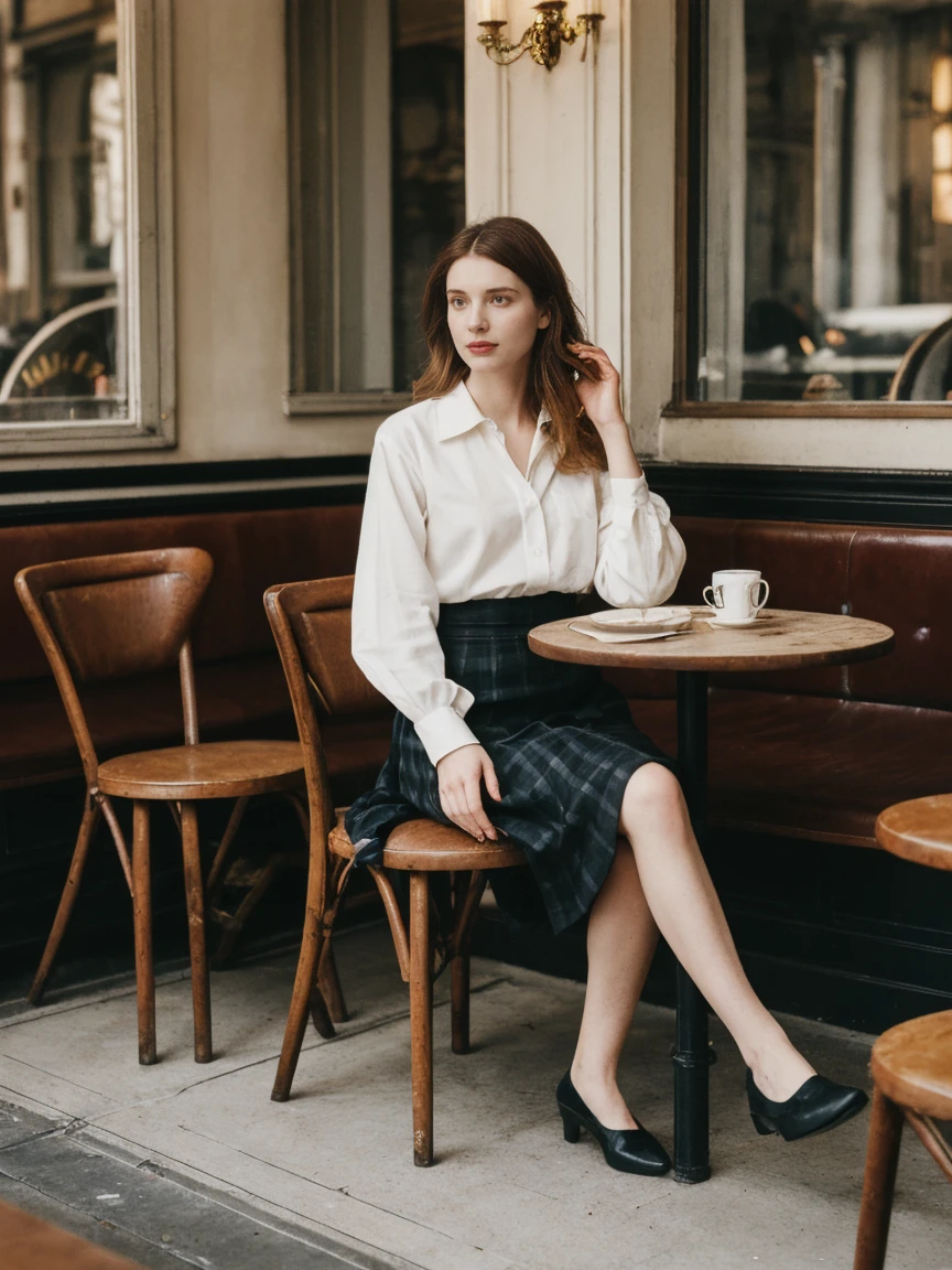 her name is Elle, high quality, 1girl, ((20-year-old fit Caucasian woman)), ((20 years old)), ((medium_breasts)), ((thin belly,fit)), ((pale skin)), medium length straight auburn hair , wearingRuched Front Satin Blouse + High-Waisted Asymmetrical Skirt, pose: sitting on a chair, background: Describe the cozy interior of a Parisian café, with its small round tables topped with checkered tablecloths, wrought iron chairs, vintage posters adorning the walls, and the aroma of freshly brewed coffee mingling with the scent of freshly baked croissants.