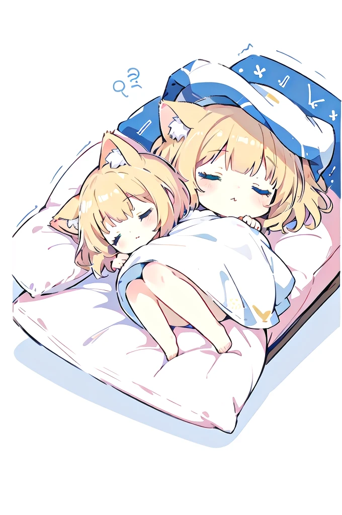 Short Hair、A cartoon of a cat sleeping on a pillow and another cat sleeping on it, there is nothingmimi, Cat girl, Beasts, There is a cat next to her, Cat girl, cute anime Cat girl, Ah ah, there is nothing, anime Cat girl, Anime Cat, dlc, Pink nightcap、Blonde Hair、Sleeping on a futon、cute、Chibi Character