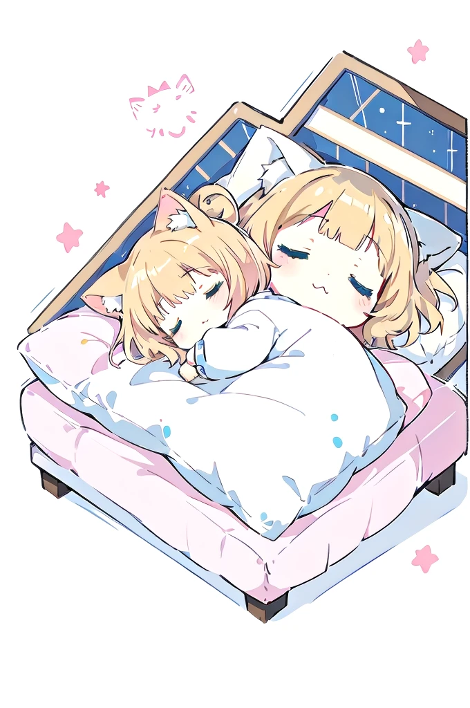 Short Hair、A cartoon of a cat sleeping on a pillow and another cat sleeping on it, there is nothingmimi, Cat girl, Beasts, There is a cat next to her, Cat girl, cute anime Cat girl, Ah ah, there is nothing, anime Cat girl, Anime Cat, dlc, Pink nightcap、Blonde Hair、Sleeping on a futon、cute、Chibi Character