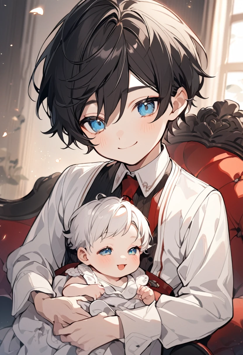 alone, elegant, 1 teenager boy with black hair and white hair., half and half, short hair, blue eyes, detailed, White shirt, Red tie,  1 little baby, Adorable baby, baby clothes, baby with black hair, Siblings, smile, ojos detaileds, gentle