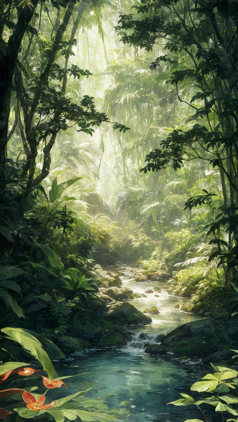 There is a painting，The painting shows a stream in the jungle, jungle landscape, the background is lush jungle, beautiful jungle landscape, . background: jungle river, beautiful jungle, jungle as the background, in a highly detailed jungle, Mysterious jungle, the jungle at the background, Dense jungle, Jungle environment, wet lush jungle landscape, background jungle, jungle background, jungle nature