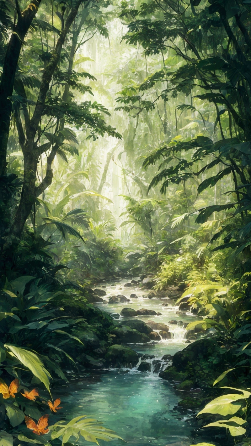 There is a painting，The painting shows a stream in the jungle, jungle landscape, the background is lush jungle, beautiful jungle landscape, . background: jungle river, beautiful jungle, jungle as the background, in a highly detailed jungle, Mysterious jungle, the jungle at the background, Dense jungle, Jungle environment, wet lush jungle landscape, background jungle, jungle background, jungle nature