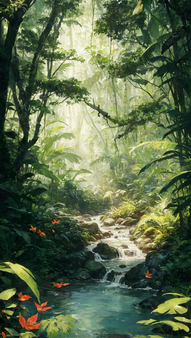There is a painting,The painting shows a stream in the jungle, jungle landscape, the background is lush jungle, beautiful jungle landscape, . background: jungle river, beautiful jungle, jungle as the background, in a highly detailed jungle, Mysterious jungle, the jungle at the background, Dense jungle, Jungle environment, wet lush jungle landscape, background jungle, jungle background, jungle nature