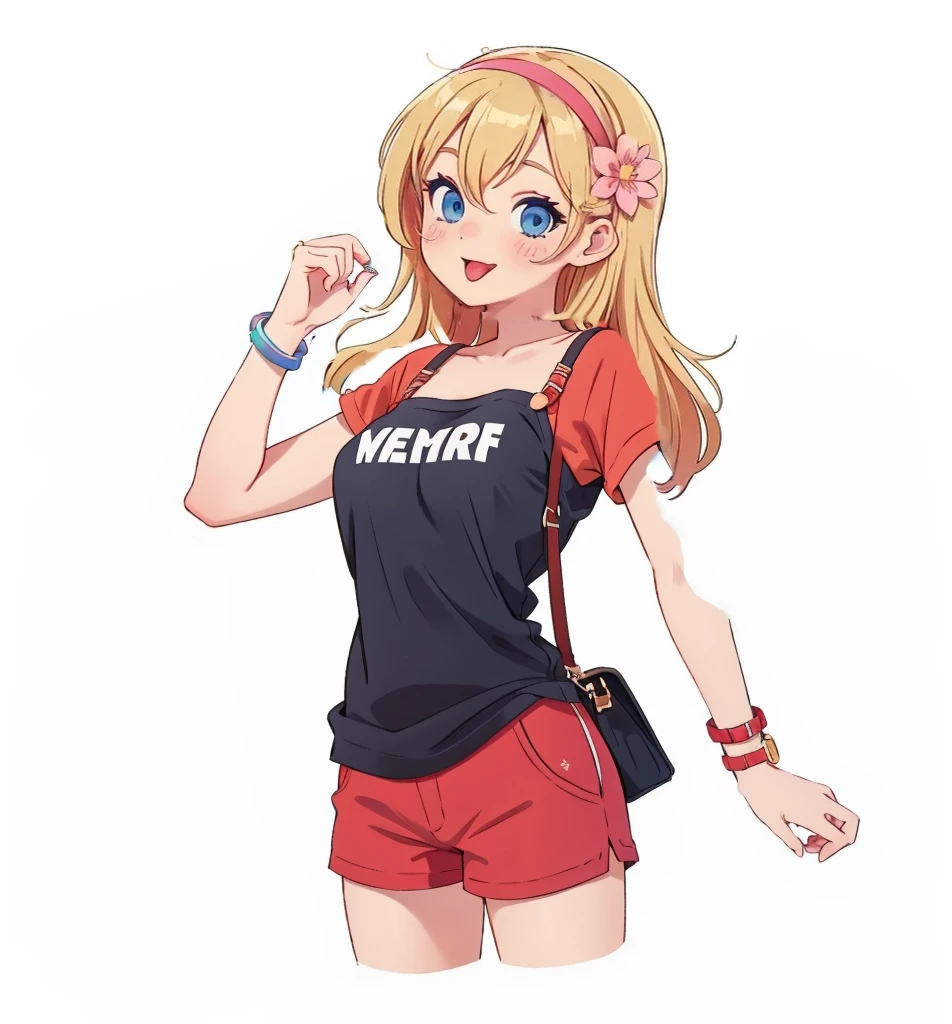 oversized shirt over red shorts, visible bra strap, colourful, accessories