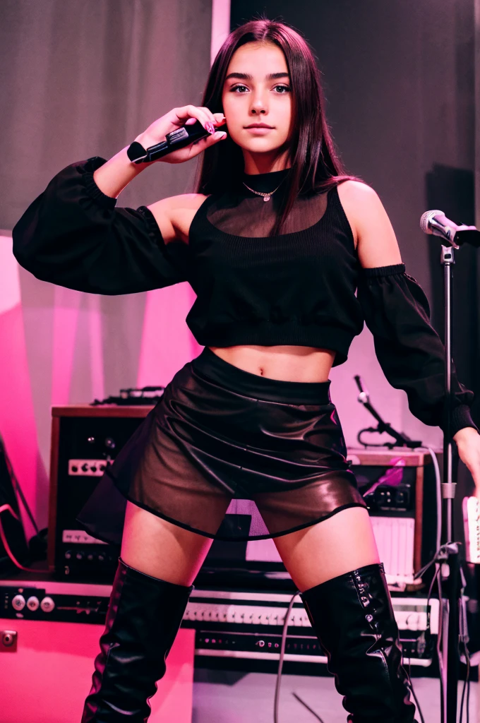 Beautiful teenage girl in a transparent skirt at a music recorder with microphone black boots moving hair  