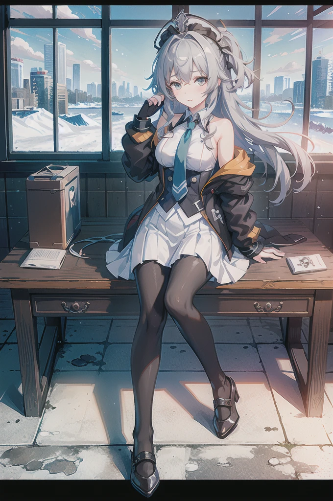 (extremely detailed CG unity 8k wallpaper),(ultra-detailed),masterpiece,best quality,
\\,
olyaya,1girl,grey eyes,bronya zaychik,long hair,grey hair,single glove,pantyhose,skirt,jacket,bangs,sitting on desk,
\\,