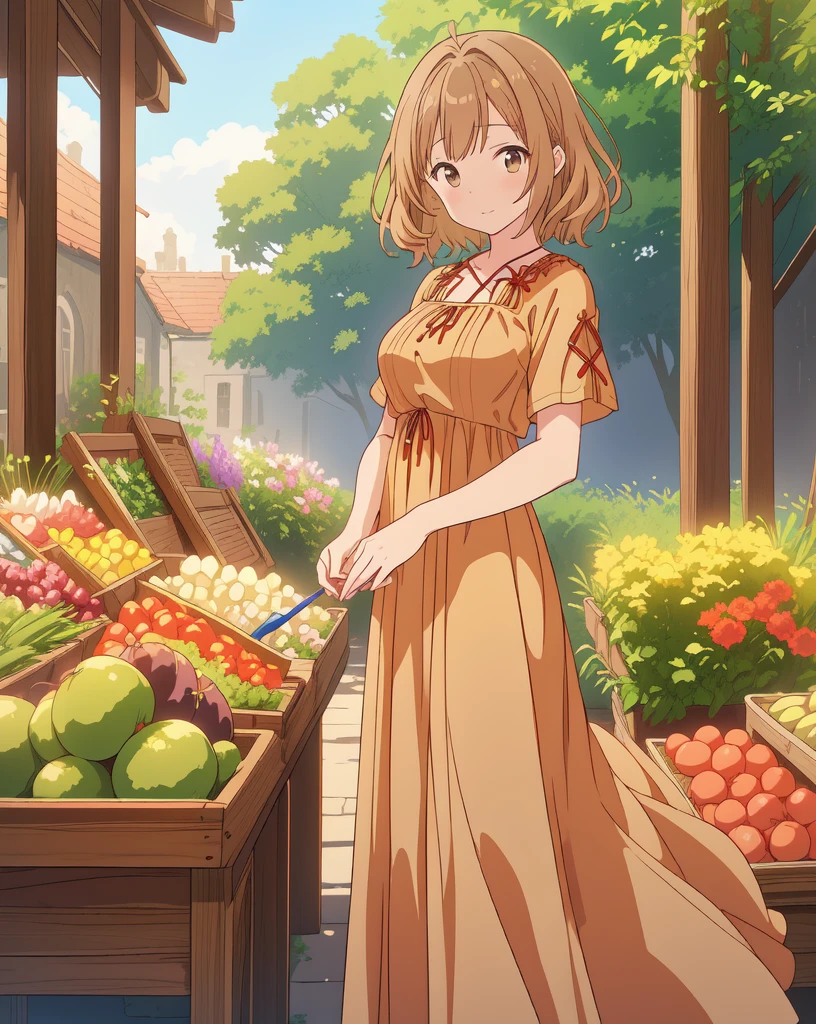 1girl,(anime coloring:1.2), best quality, looking at viewer, short wavy hair, chestnut hair, feminine,(solid Maxi dress), (Light brown color Short sleeve Maxi dress:1.3),Medieval Europe,Ancient Village,Vegetable stall,((Fantasy))