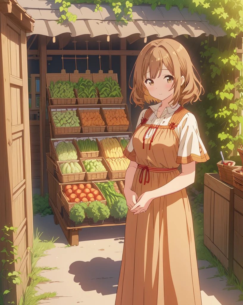 1girl,(anime coloring:1.2), best quality, looking at viewer, short wavy hair, chestnut hair, feminine,(solid Maxi dress), (Light brown color Short sleeve Maxi dress:1.3),Medieval Europe,Ancient Village,Vegetable stall,((Fantasy))
