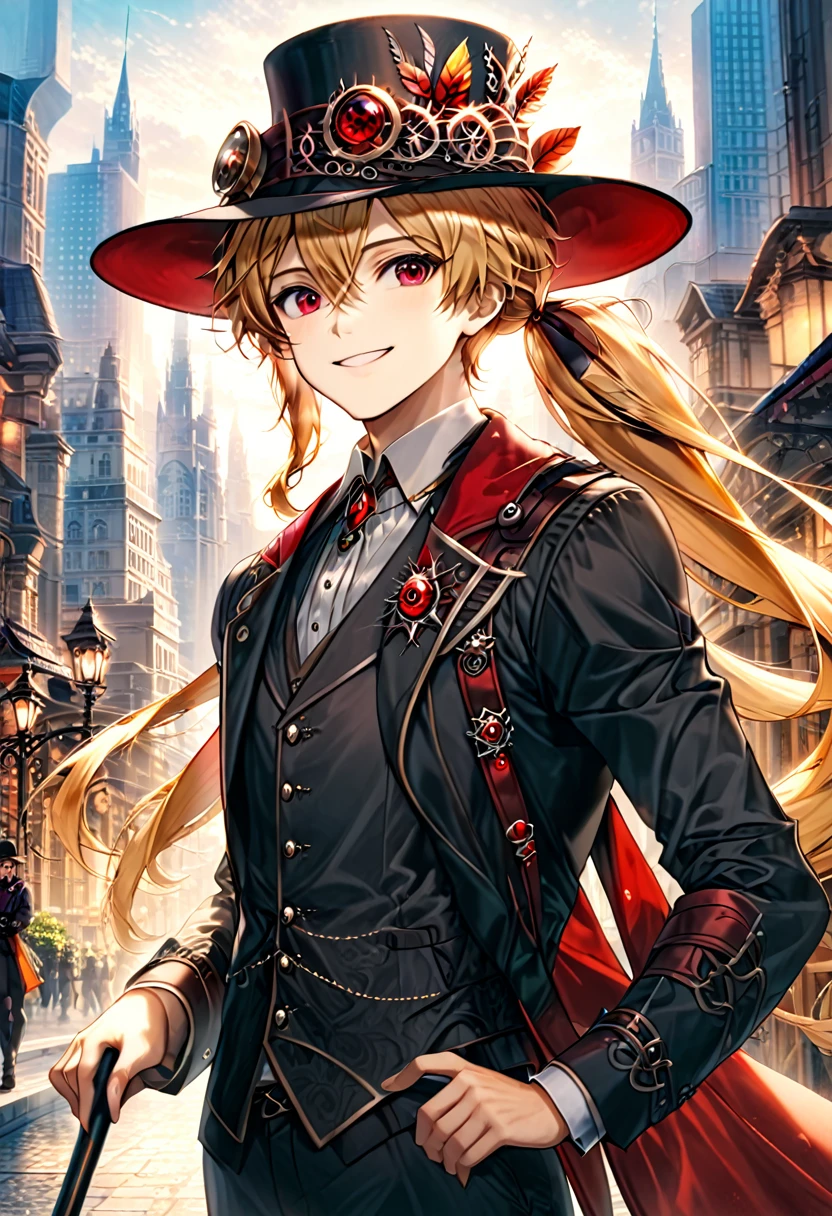 One young boy, red ruby eye, beautiful face like girl, ponytailed blonde, in noble suit. City background. Hat. Cane. Noble. Smile