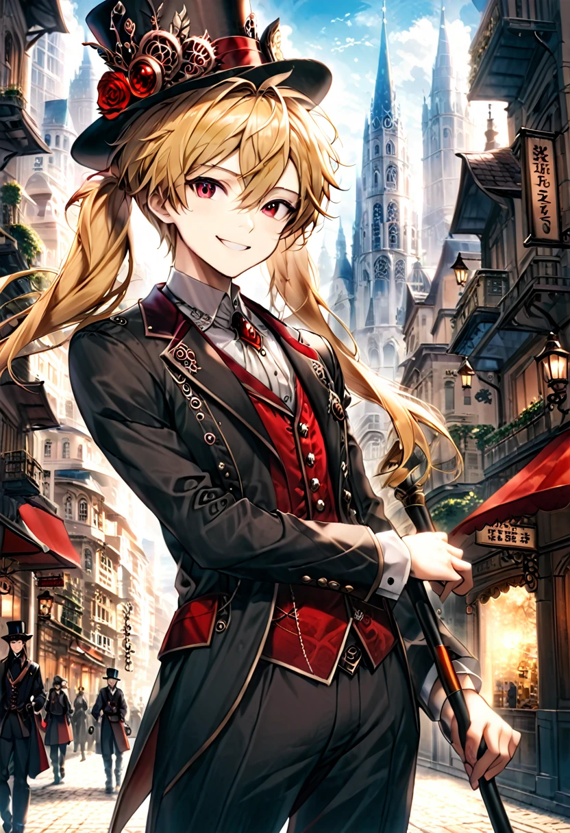 One young boy, red ruby eye, beautiful face like girl, ponytailed blonde, in noble suit. City background. Hat. Cane. Noble. Smile