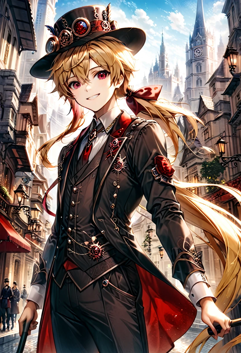 One young boy, red ruby eye, beautiful face like girl, ponytailed blonde, in noble suit. City background. Hat. Cane. Noble. Smile