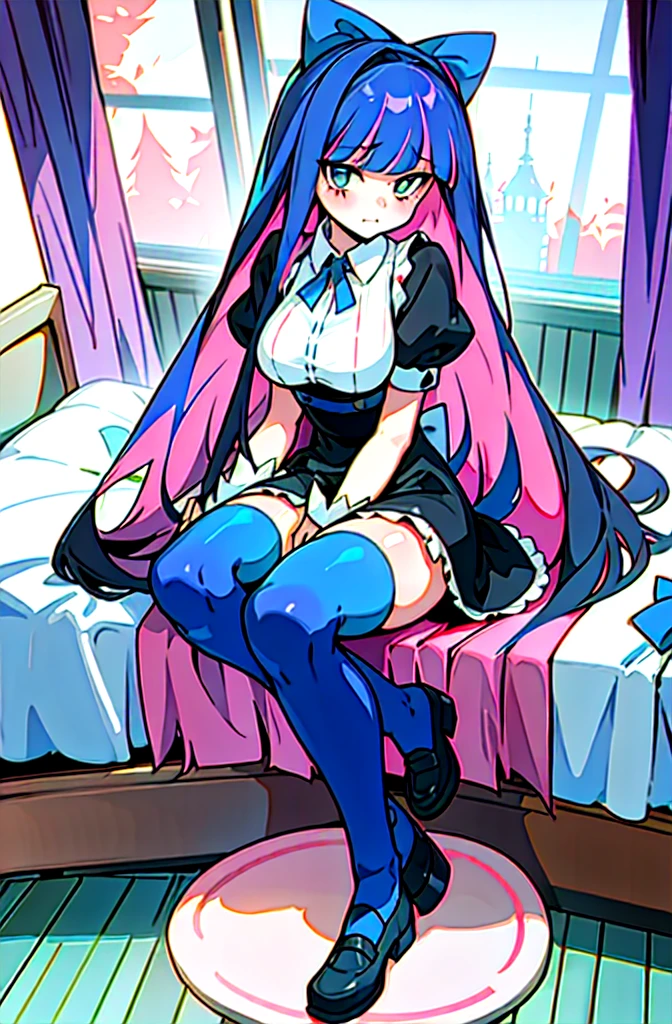 (masterpiece, top quality, best quality), pixel,pixel art,1stocking_anarchy, stocking_\(psg\), full body, embarrassed, maid outfit, thighhighs, sitting on bed