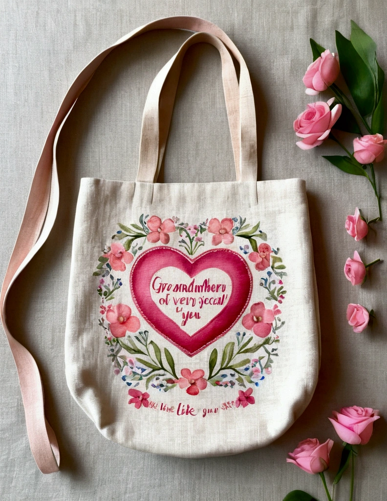 bag made of linen, has a heart-shaped, floral frame, Delicate watercolor flowers in vibrant pink and pink tones, Engaging illustrations. The text "grandmother, you are very special, It is like you, there is no equal! Memento, of your beloved grandchildren".