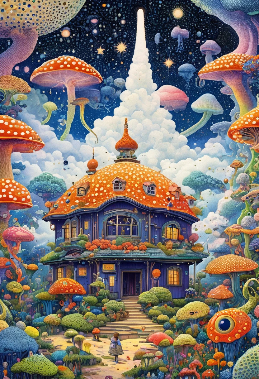 Strong visual fusion of multiple elements,Broto,来自Star的艺术家,house:1.37、Eye、Star、cloud、Spore powder、Tentacles,Describing the inner world of autistic people,密集Pointillism method。Smooth lines。Strange illustration。Pointillism method。Trypophobia。Strong contrast。Award-winning works。