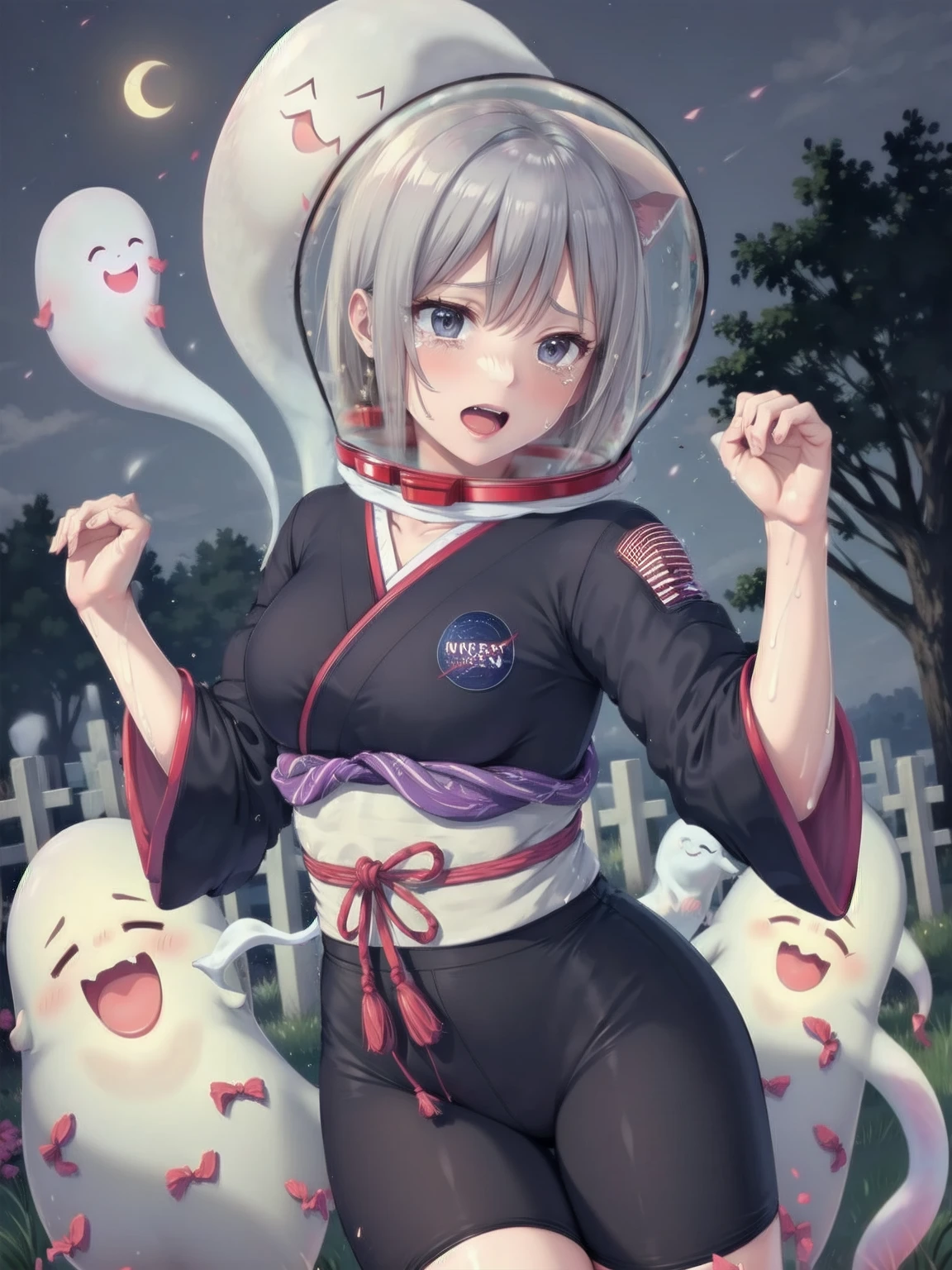 {{masterpiece:1.2, best quality:1.3,masterpiece, extremely fine and beautiful:1.5,highly detailed:1.5}},1 cute girl,cute face,crying,surprised expression,embarrassed,open mouth,ponytail,from front,cloud,night,moon,cemetery,cat ears,horror,abstract,magical abstraction,masterpiece, extremely fine and beautiful,masterpiece,highly detailed,japanese,yukata,Running away at a dash,fang,((Ghost:1.5)),Eyes closed,With hands up,y,,space helmet, bubble helmet (