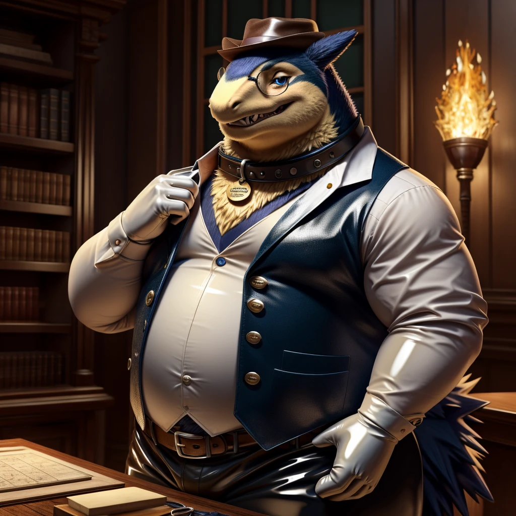 Solo, Male, fat, extremely obese, gentleman, dapper Professor Typhlosion, mob boss, blue eyes, (posing:1.3), (soft shading), 4k, hi res, ((detailed face, detailed)), steampunk, looking at viewer, mouth wide open, dapper clothing, collared shirt with buttons, top hat, male focus, Explorer Outfit, glasses, monocle, vest with buttons, sleeves rolled up, round eyewear, brown headwear, brown vest, office, Typhlosion is wearing a glossy leather dog collar around the neck, Typhlosion is wearing the leather collar and shirt and vest at the same time, Typhlosion is wearing glossy white rubber gloves on the hands, wearing white rubber gloves on the feet, gloves are rubber in texture, clenching teeth, clenching fists, leather collar is glossy and shiny with a lot of detail, Typhlosion is wearing gloves and leather collar at the same time, leather collar has a round dog-tag, leather collar is thick and detailed, leather collar is glossy and shiny, fancy clothing, dapper vest, dapper shirt, leather collar is thick, glossy leather collar, dapper leather collar.